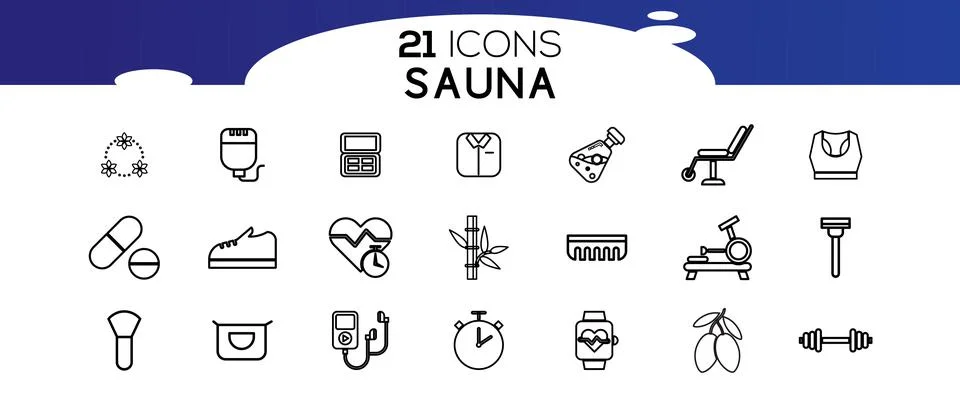 Sauna elements - thin line web icon set.Icons in flat, contour, outline, thin 스톡 일러스트