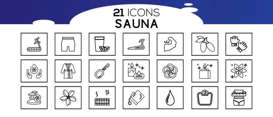 Sauna elements - thin line web icon set.Icons in flat, contour, outline, thin Illustrazione stock