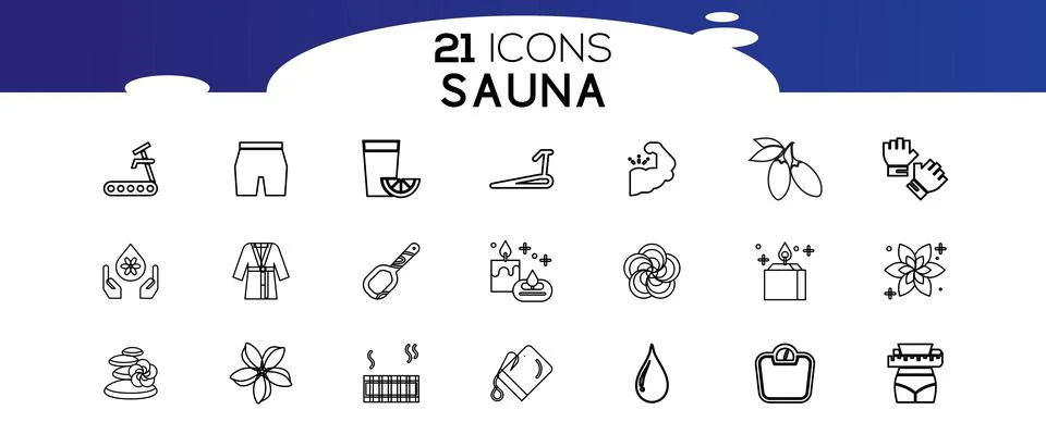Sauna elements - thin line web icon set.Icons in flat, contour, outline, thin Stock Illustration