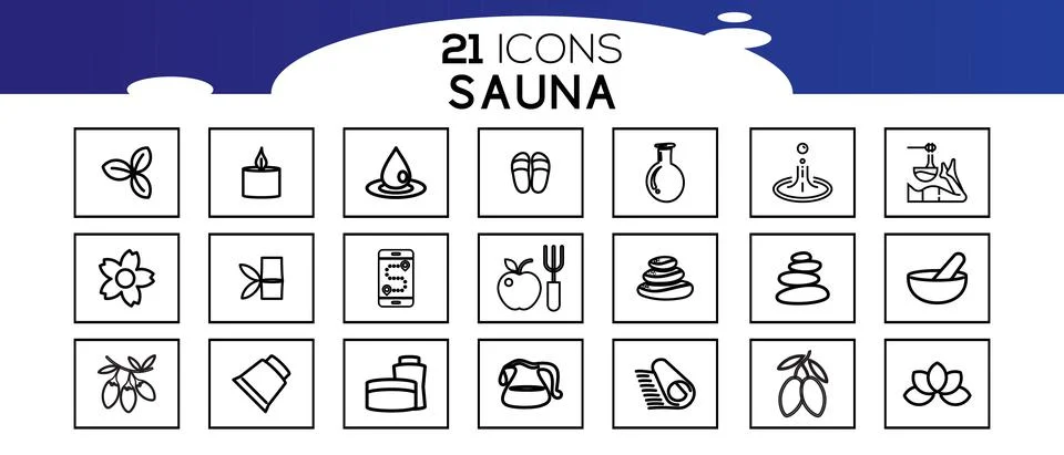 Sauna elements - thin line web icon set.Icons in flat, contour, outline, thin イラスト素材