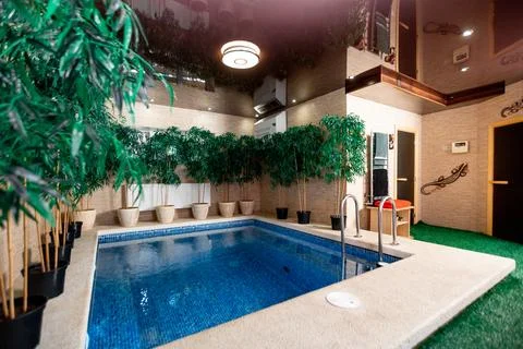 Sauna pool. Small pool with few potted plants surrounding it Stock Photos