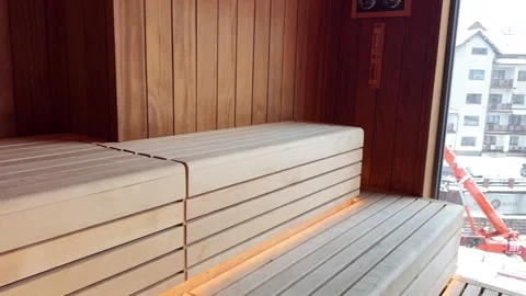 Sauna showing construction site through window Stock-Footage 294954007