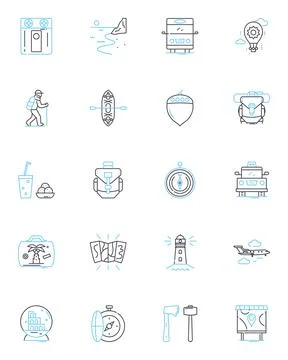Sauntering linear icons set. Stroll, Amble, Wander, Promenade, Meander, Roam Stock Illustration