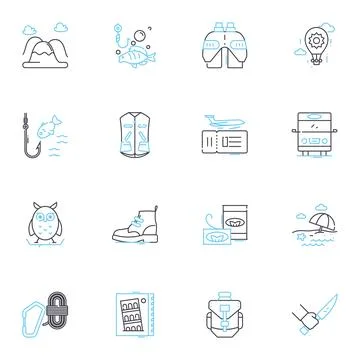 Sauntering linear icons set. Stroll, Amble, Wander, Promenade, Meander, Roam Stock Illustration