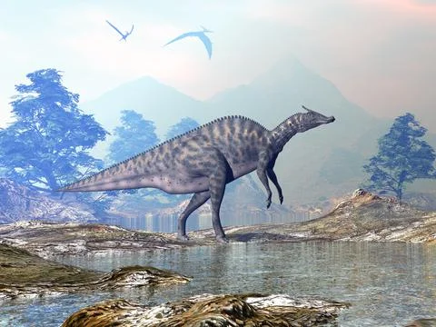 Saurolophus dinosaur walking - 3D render Stock Illustration
