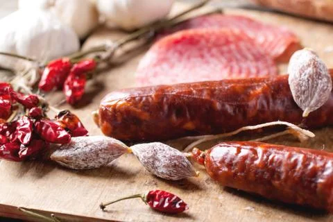 Sausage and bread Stock Photos