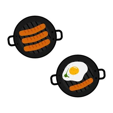 Sausage and fried egg wit green in grill pan with handles Top view. Culinary Illustrazione stock