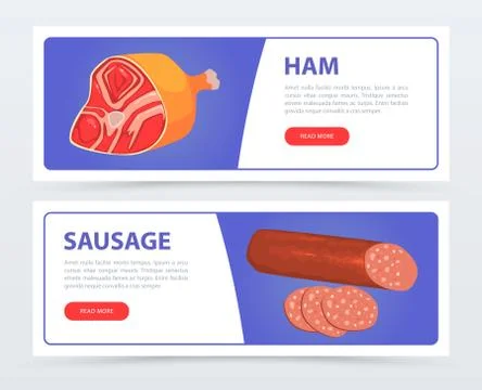 Sausage and ham horizontal banners with text set, label for meat or butcher shop Stock Illustration