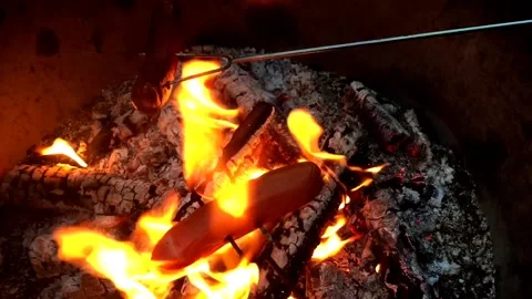 Sausage on Campfire Stock Footage 132918131