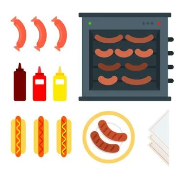Sausage electrical grill vector flat material design isolated object on white Stock Illustration
