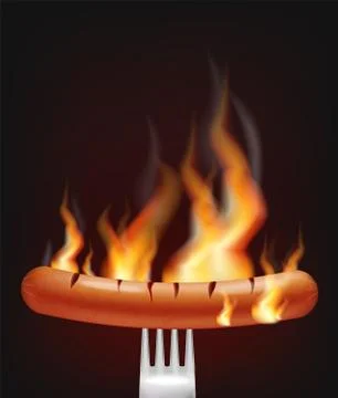Sausage on fire Vector realistic. Menu advert concept. Dark background. 3d il Stock Illustration