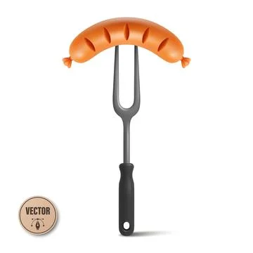 Sausage on Fork, 3d Vector Illustration. 3d Grilled Sausage, Barbecue Sausa.. Stock Illustration