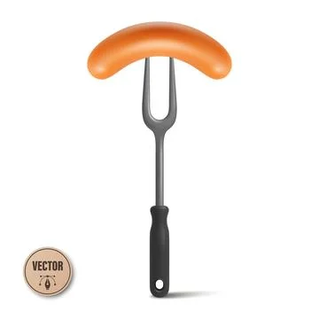 Sausage on Fork, 3d Vector Illustration. 3d Grilled Sausage, Barbecue Sausage Stock Illustration