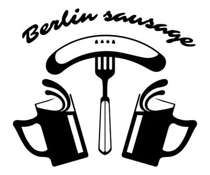 Sausage on a fork and two mugs of beer. Stock Illustration
