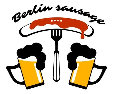 Sausage on a fork and two mugs of beer. Stock Illustration