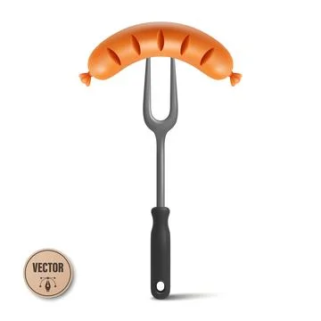 Sausage on Fork with Black Handle, Vector Illustration. 3d Grilled Sausage, B Stock Illustration