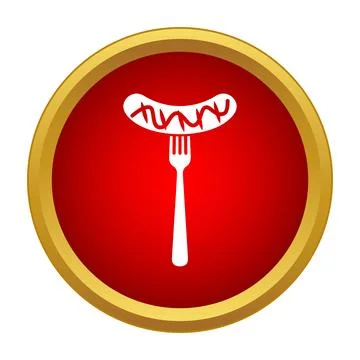 Sausage on fork icon in golden frame Stock Illustration
