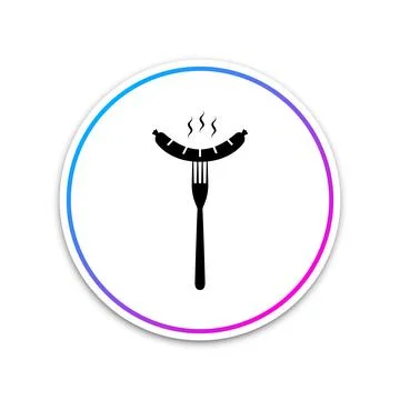 Sausage on fork icon isolated on white background. Circle white button. Vector Stock Illustration