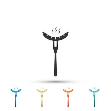 Sausage on fork icon isolated on white background. Set elements in colored .. Illustrazione stock
