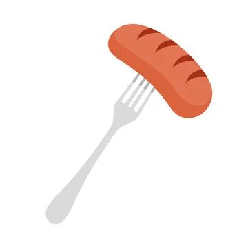 Sausage on fork. Kitchen element. Food and Cutlery. Cooking frankfurter. Stock Illustration