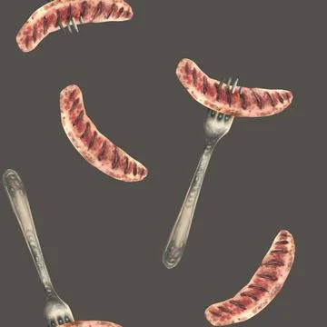 Sausage on fork seamless pattern German grilled meat appetizer. Hand painted Stock Illustration