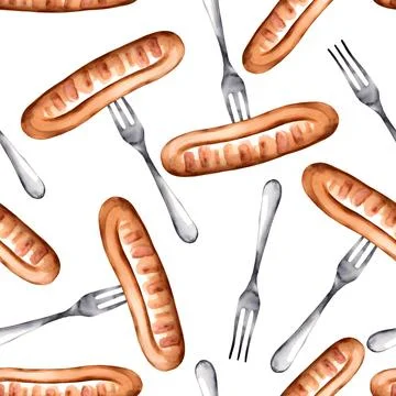 Sausage on a fork seamless pattern on white background Stock Illustration
