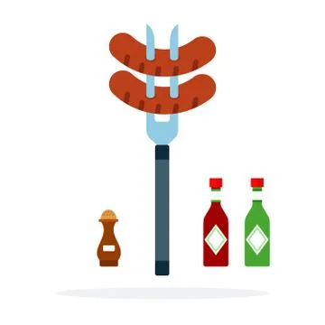 Sausage on a fork vector flat material design isolated object on white Stock Illustration