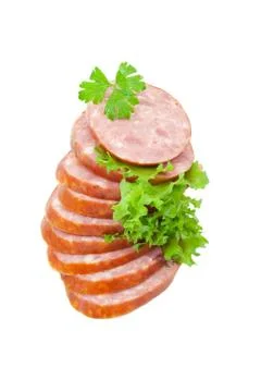Sausage with green vegetable Stock Photos