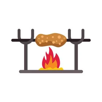 Sausage grilling on a spit over fire, rotating on a skewer Stock Illustration