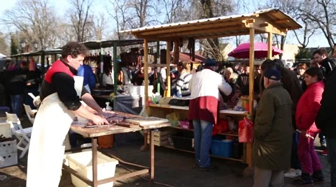 Sausage making on bacon fair Stock-Footage 48098924