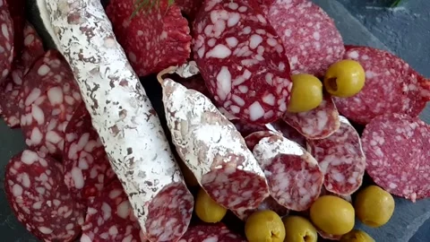 Sausage with mold on old background Video stock 170382367