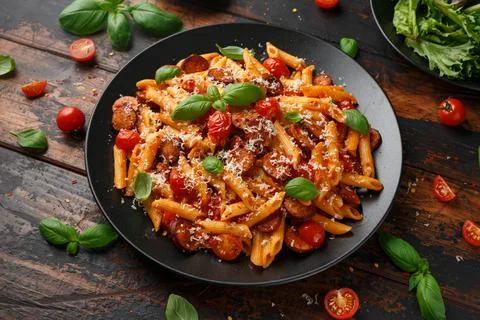 Sausage penne Pasta with tomato sauce, parmesan cheese and basil on black plate Stock Photos