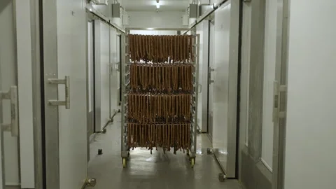 Sausage Racks Rolling Down Chilled Corridor in Meat Processing Butchery Stock Footage 339066957