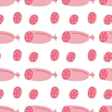 Sausage seamless pattern with cute doodle salami slices on white background for 스톡 일러스트
