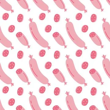Sausage seamless pattern with hand drawn salami and wurst for kitchen and 스톡 일러스트