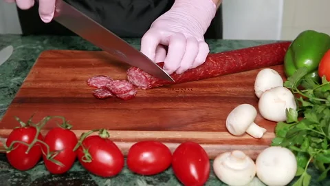 Sausage slicing Stock Footage 141687131