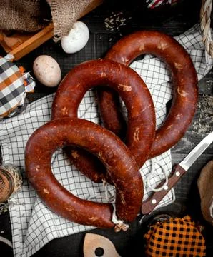 Sausage on the table top view Stock Photos