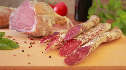 Sausage on a wooden table Stock Footage 68936222