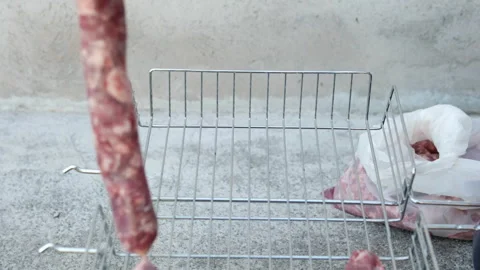 Sausages are cooked on grill on fire at Food Festival Stock Footage 346175637