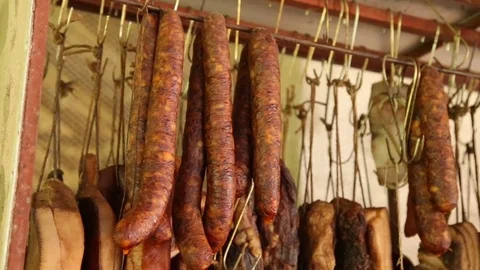 Sausages are dried in a draft Stock-Footage 73450291