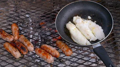 Sausages Being Cooked Overhead Medium Shot Stock Footage 95678336