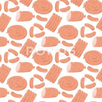 Sausages, bologna and ham seamless pattern Illustration #240207316