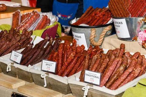 Sausages on Borough market in London. Stock Photos