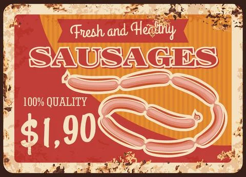 Sausages chain rusty plate, vector fresh products Stock Illustration