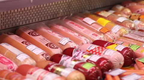Sausages on display in the store Stock Footage 61376847