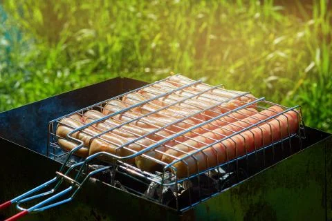 Sausages fried on the grill Stock Photos