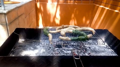 Sausages on the grill Stock Footage 97411453