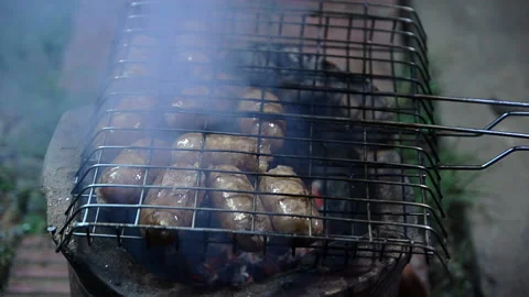 Sausages grilling Stock Footage 143813927