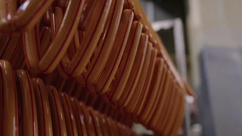 Sausages hanging in a food processing facility, close up of cured meat products Video stock 333348893