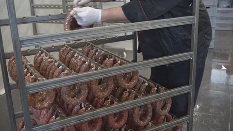 Sausages hanging on a  rack at meat processing factory Stock Footage 124305470